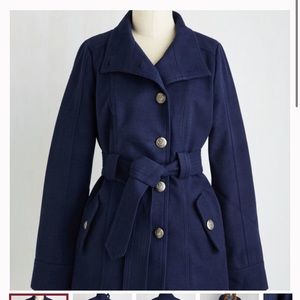 BB Dakota Modcloth navy pea coat belt pockets
